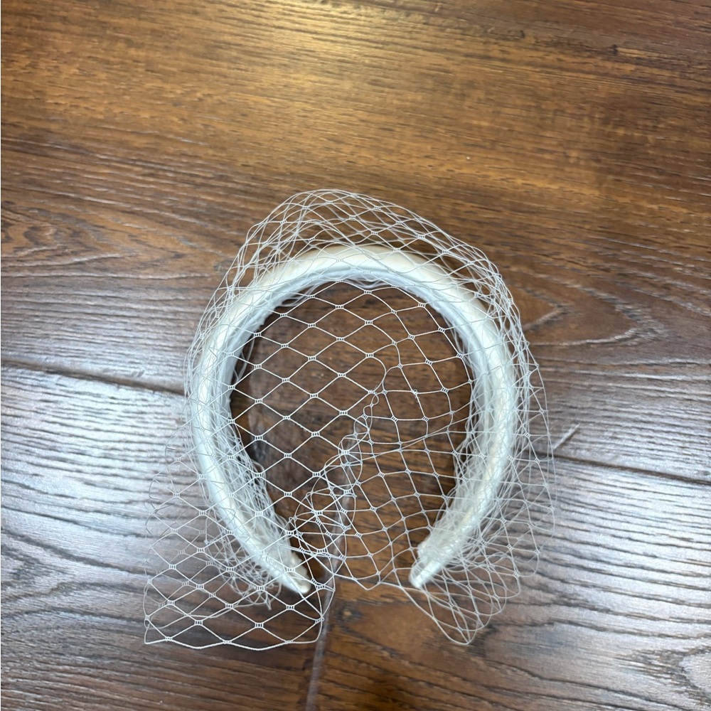 White Satin Headband with Birdcage Veil - Picture 7 of 7